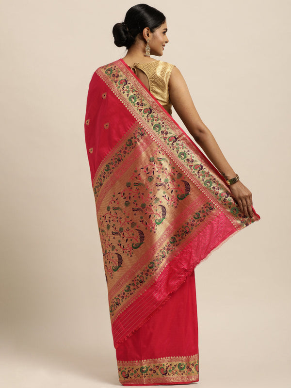 Women's Pink Silk Woven Work Traditional Saree - Sangam Prints