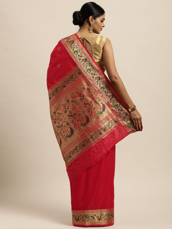 Women's Red Silk Woven Work Traditional Saree - Sangam Prints