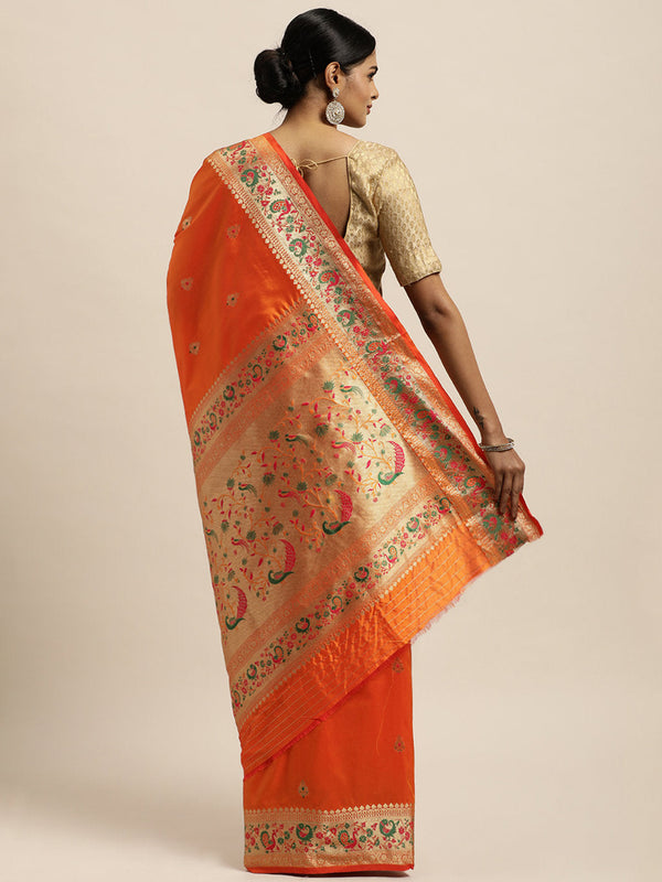 Women's Orange Silk Woven Work Traditional Saree - Sangam Prints