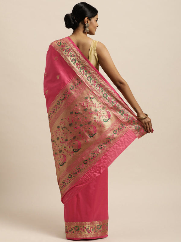 Women's Peach Silk Woven Work Traditional Saree - Sangam Prints