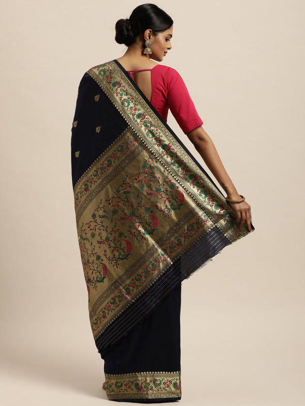 Women's Navy Blue Silk Woven Work Traditional Saree - Sangam Prints