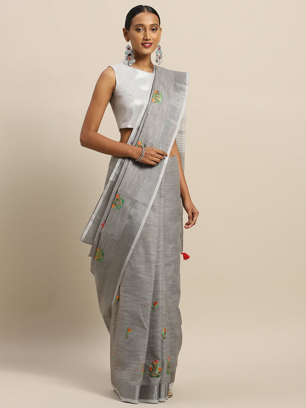 Women's Prints Linen Cotton Embroidery Traditional Saree - Sangam Prints