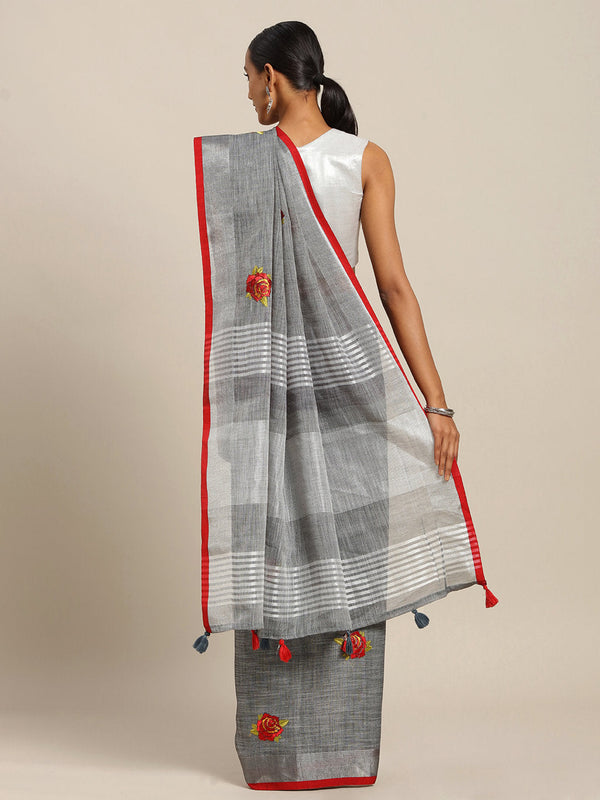 Women's Grey Linen Cotton Embroidery Traditional Saree - Sangam Prints