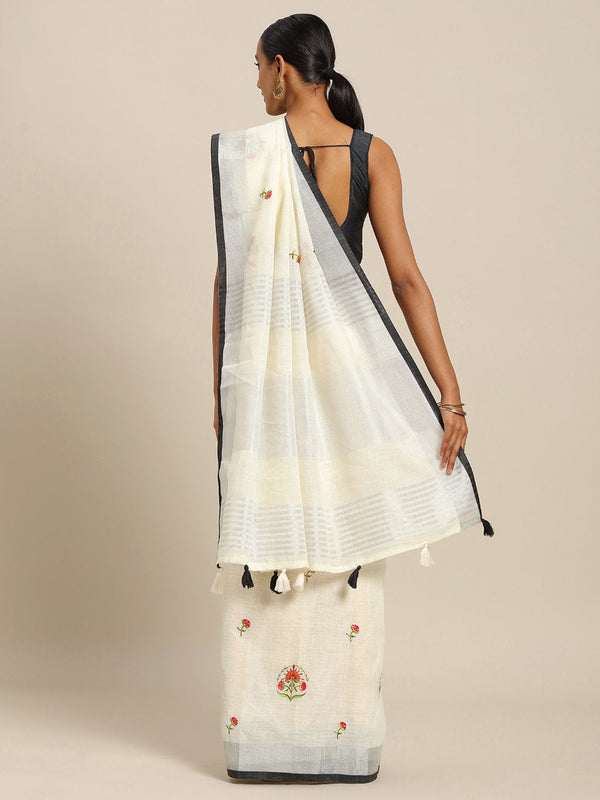 Women's Off White Linen Cotton Embroidery Traditional Saree - Sangam Prints