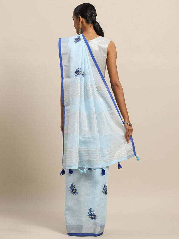 Women's Sky Blue Linen Cotton Embroidery Traditional Saree - Sangam Prints