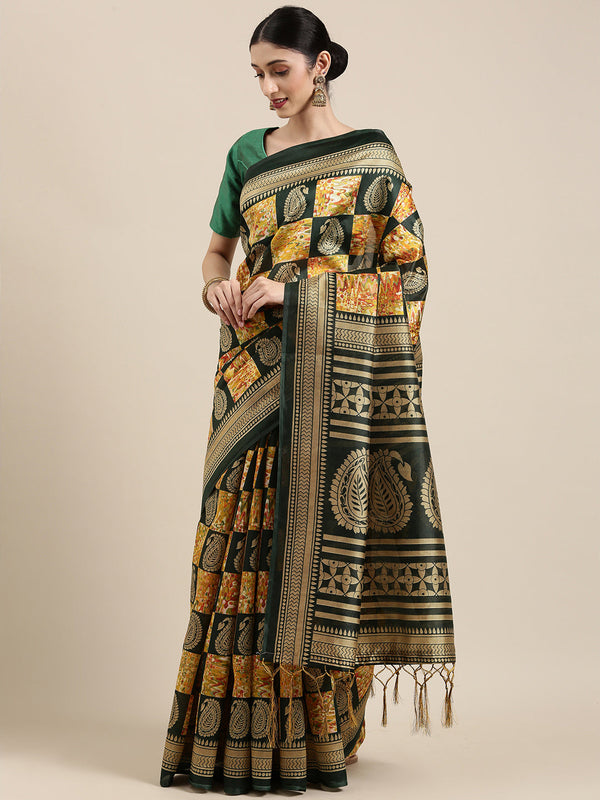 Women's Yellow & Green Art Silk Printed Casual Saree - Sangam Prints