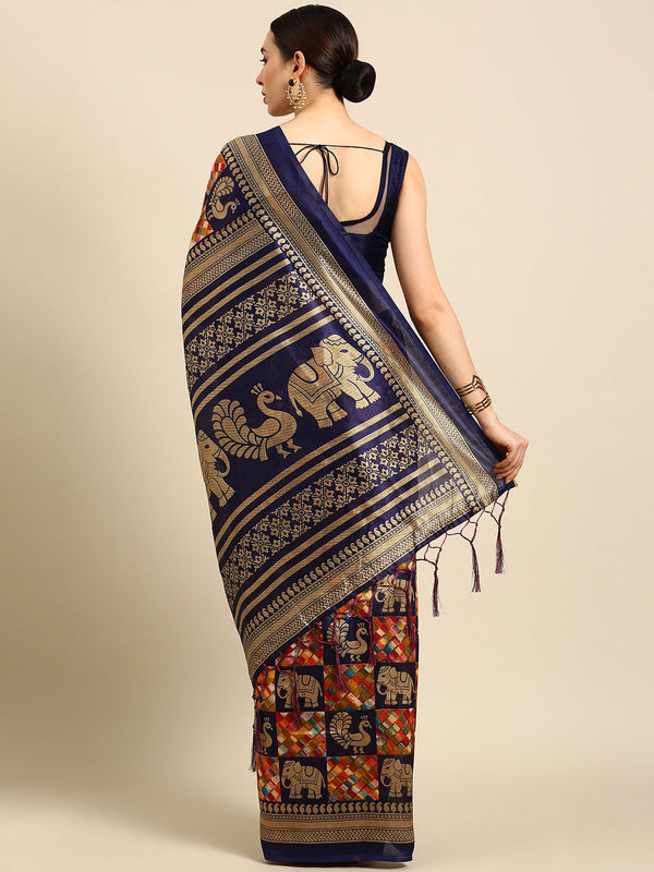 Women's Navy Blue Art Silk Printed Casual Saree - Sangam Prints