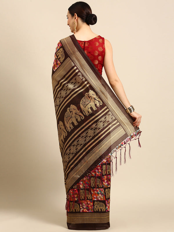 Women's Pink & Brown Art Silk Printed Casual Saree - Sangam Prints