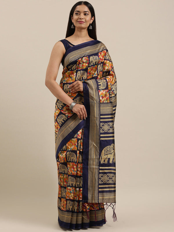 Women's Navy Blue Art Silk Printed Traditional Tassle Saree - Sangam Prints