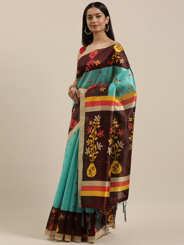 Women's Turquoise Art Silk Printed Traditional Tassle Saree - Sangam Prints