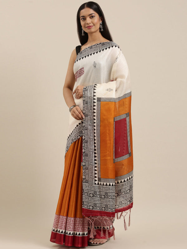 Women's White Art Silk Printed Traditional Tassle Saree - Sangam Prints