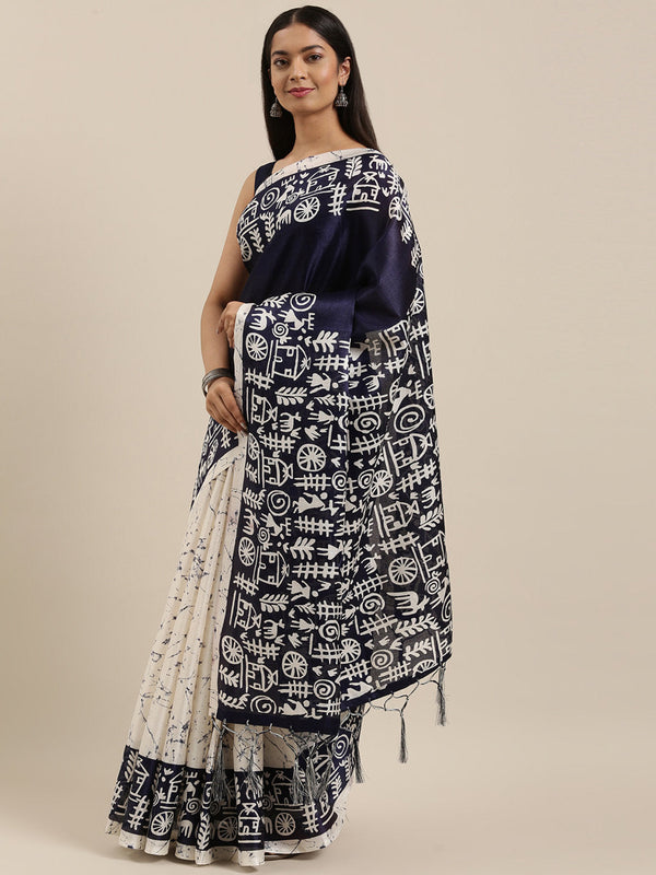 Women's Navy Blue Art Silk Printed Traditional Tassle Saree - Sangam Prints