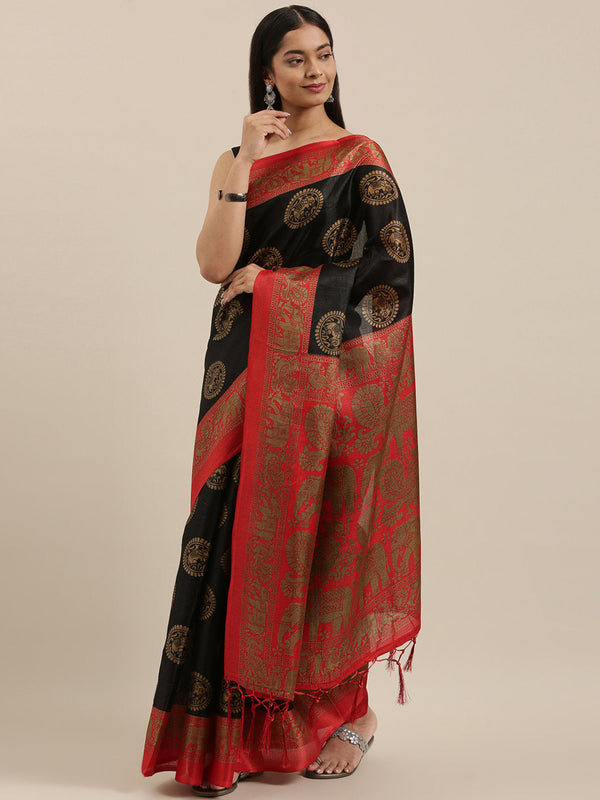 Women's Black Art Silk Printed Traditional Tassle Saree - Sangam Prints