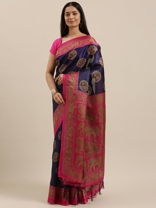 Women's Blue Art Silk Printed Traditional Tassle Saree - Sangam Prints