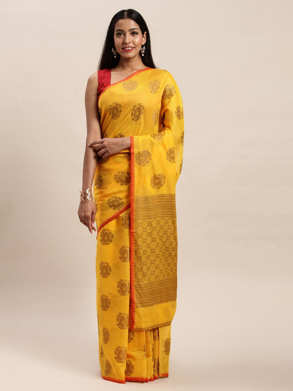 Women's Prints Mustard Yellow Cotton Handloom Zari Work Traditional Saree - Sangam Prints