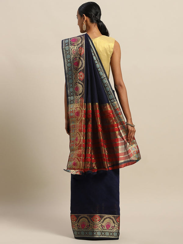 Women's Prints Navy Blue Handloom Silk Thread Work Traditional Saree - Sangam Prints