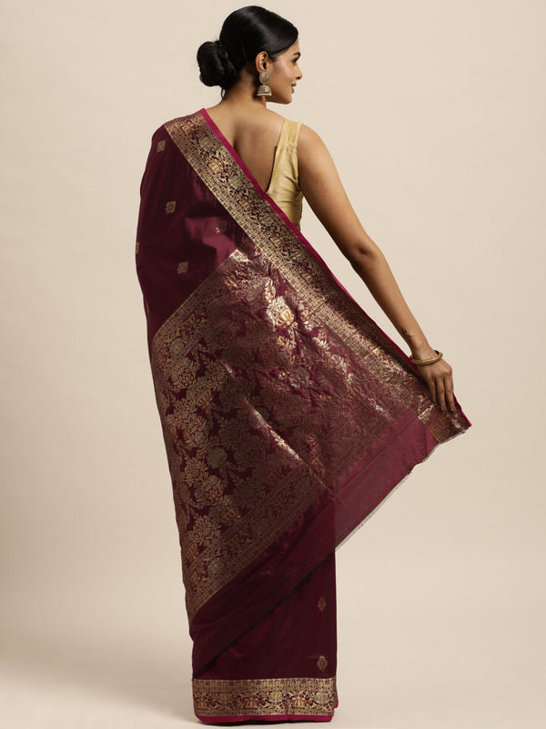 Women's Maroon Silk Woven Work Traditional Saree - Sangam Prints