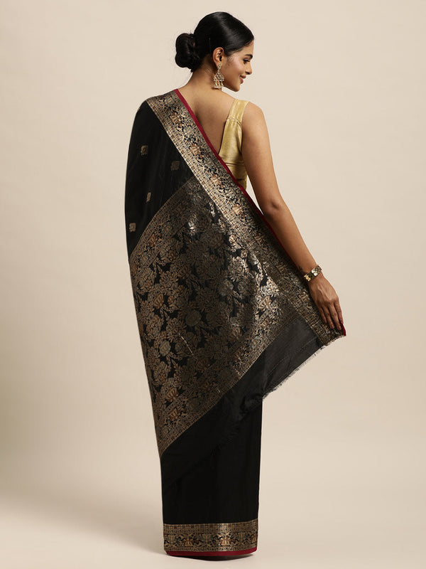 Women's Black Silk Woven Work Traditional Saree - Sangam Prints