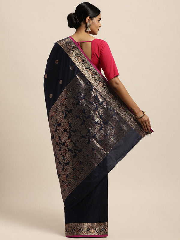 Women's Navy Blue Silk Woven Work Traditional Saree - Sangam Prints