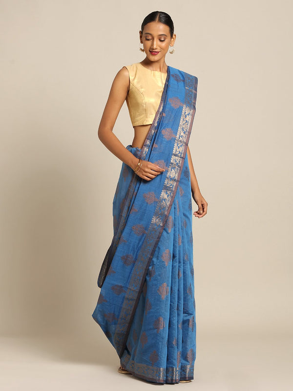 Women's Prints Turquoise Cotton Handloom Jacquard Traditional Saree - Sangam Prints