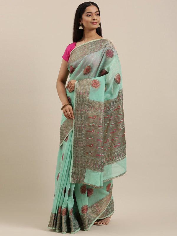 Women's Sea Green Cotton Handloom Woven Work Traditional Saree - Sangam Prints