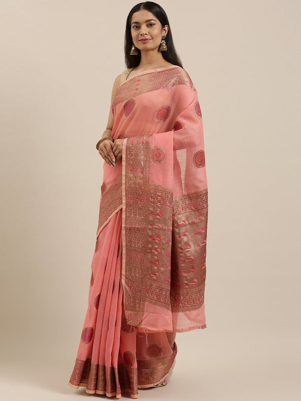 Women's Pink Cotton Handloom Woven Work Traditional Saree - Sangam Prints