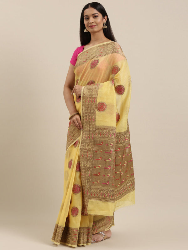 Women's Yellow Cotton Handloom Woven Work Traditional Saree - Sangam Prints