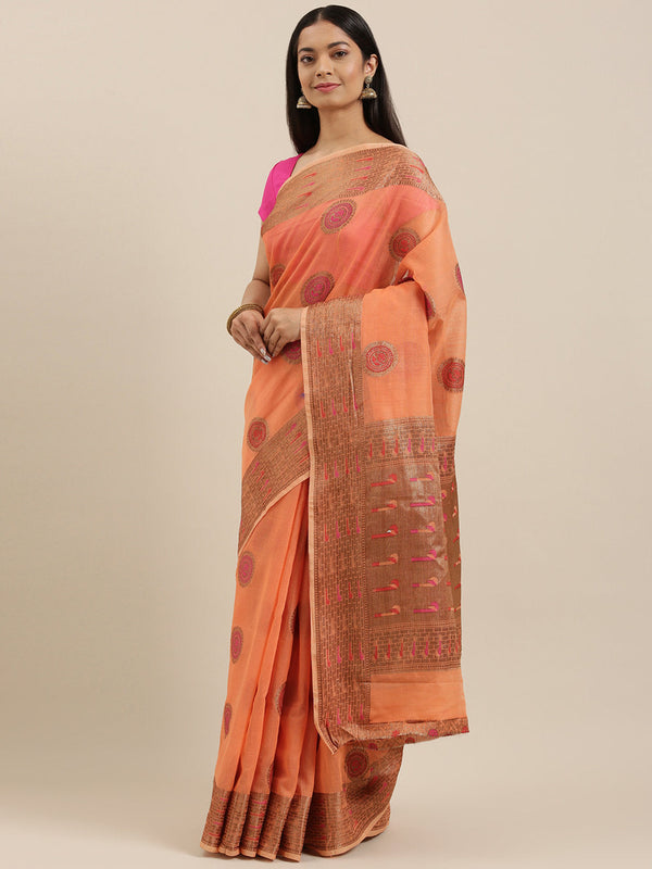 Women's Peach Cotton Handloom Woven Work Traditional Saree - Sangam Prints