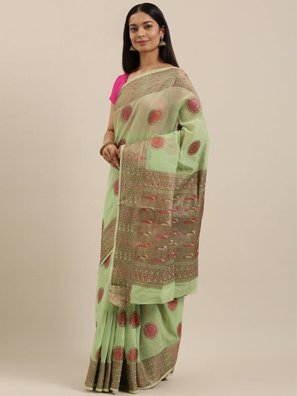 Women's Light Green Cotton Handloom Woven Work Traditional Saree - Sangam Prints