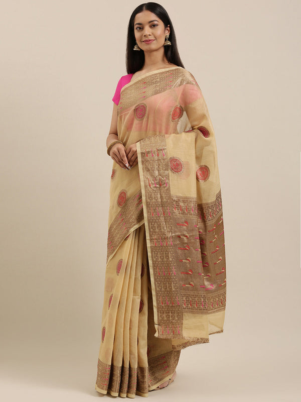 Women's Cream Cotton Handloom Woven Work Traditional Saree - Sangam Prints