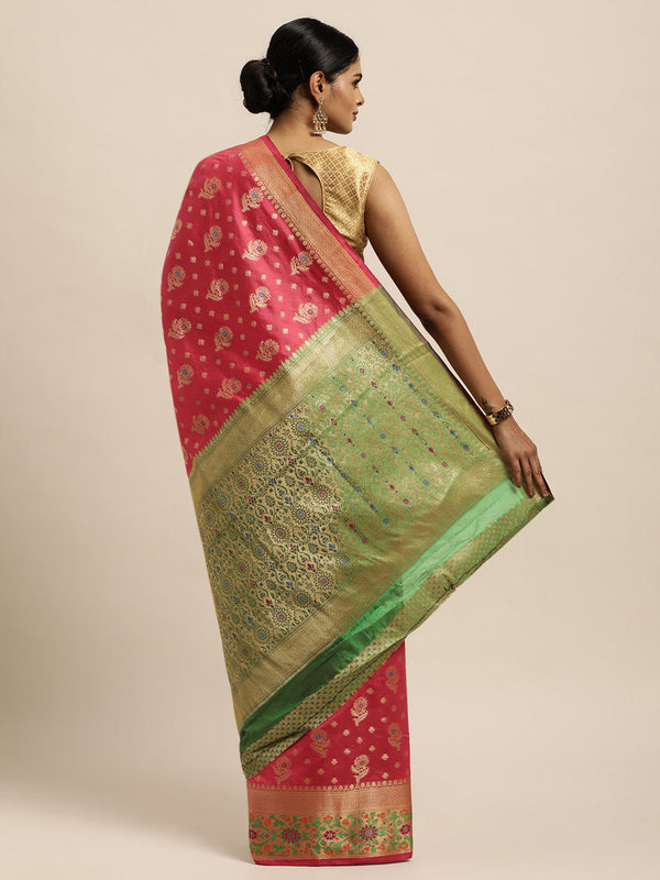 Women's Pink Silk Woven Work Traditional Saree - Sangam Prints