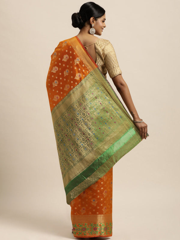 Women's Orange Silk Woven Work Traditional Saree - Sangam Prints