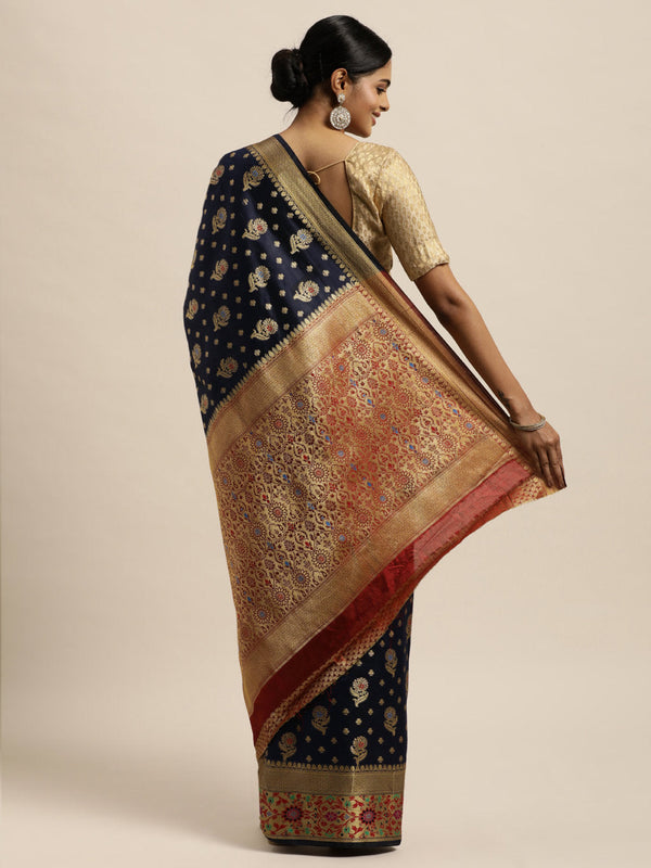 Women's Navy Blue Silk Woven Work Traditional Saree - Sangam Prints