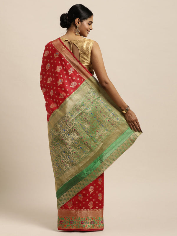 Women's Red Silk Woven Work Traditional Saree - Sangam Prints