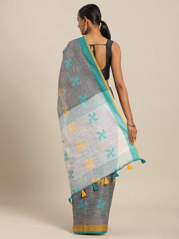 Women's Grey Linen Cotton Thread Work Traditional Saree - Sangam Prints