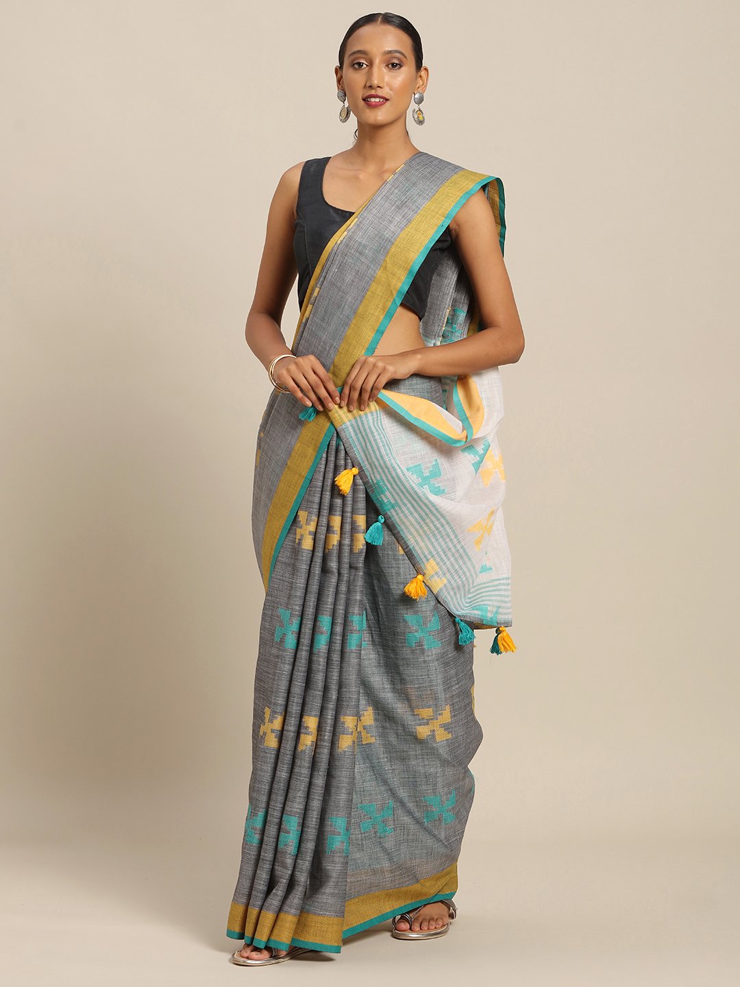 Women's Prints Linen Cotton Thread Work Traditional Saree - Sangam Prints