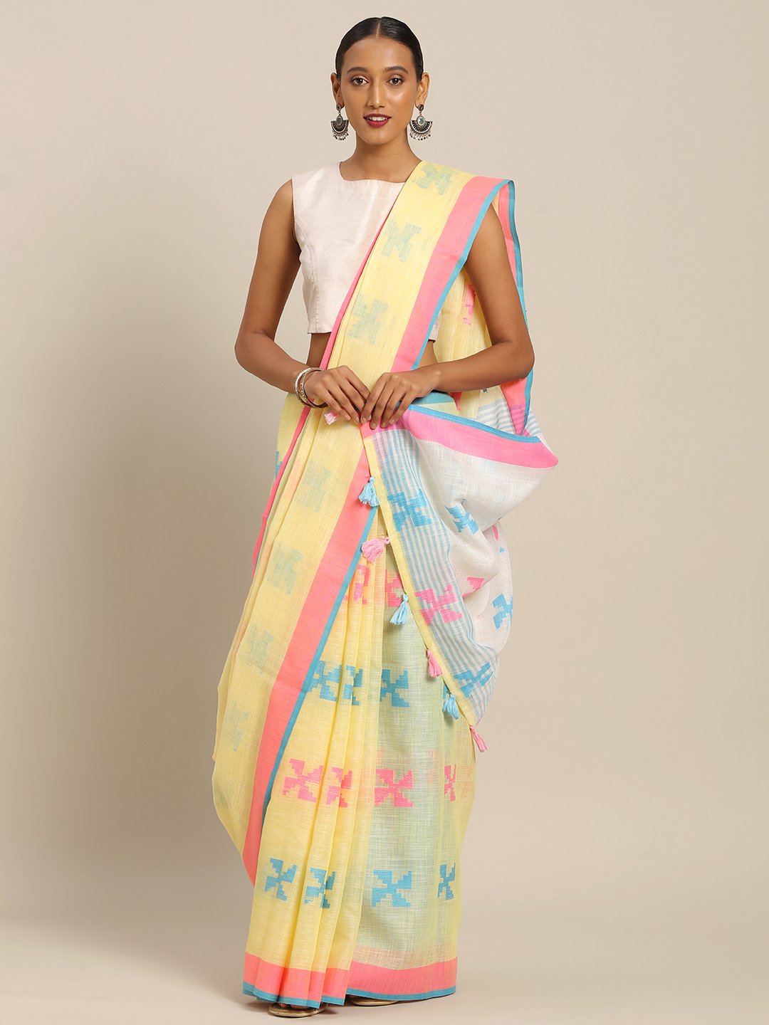 Women's Prints Linen Cotton Thread Work Traditional Saree - Sangam Prints