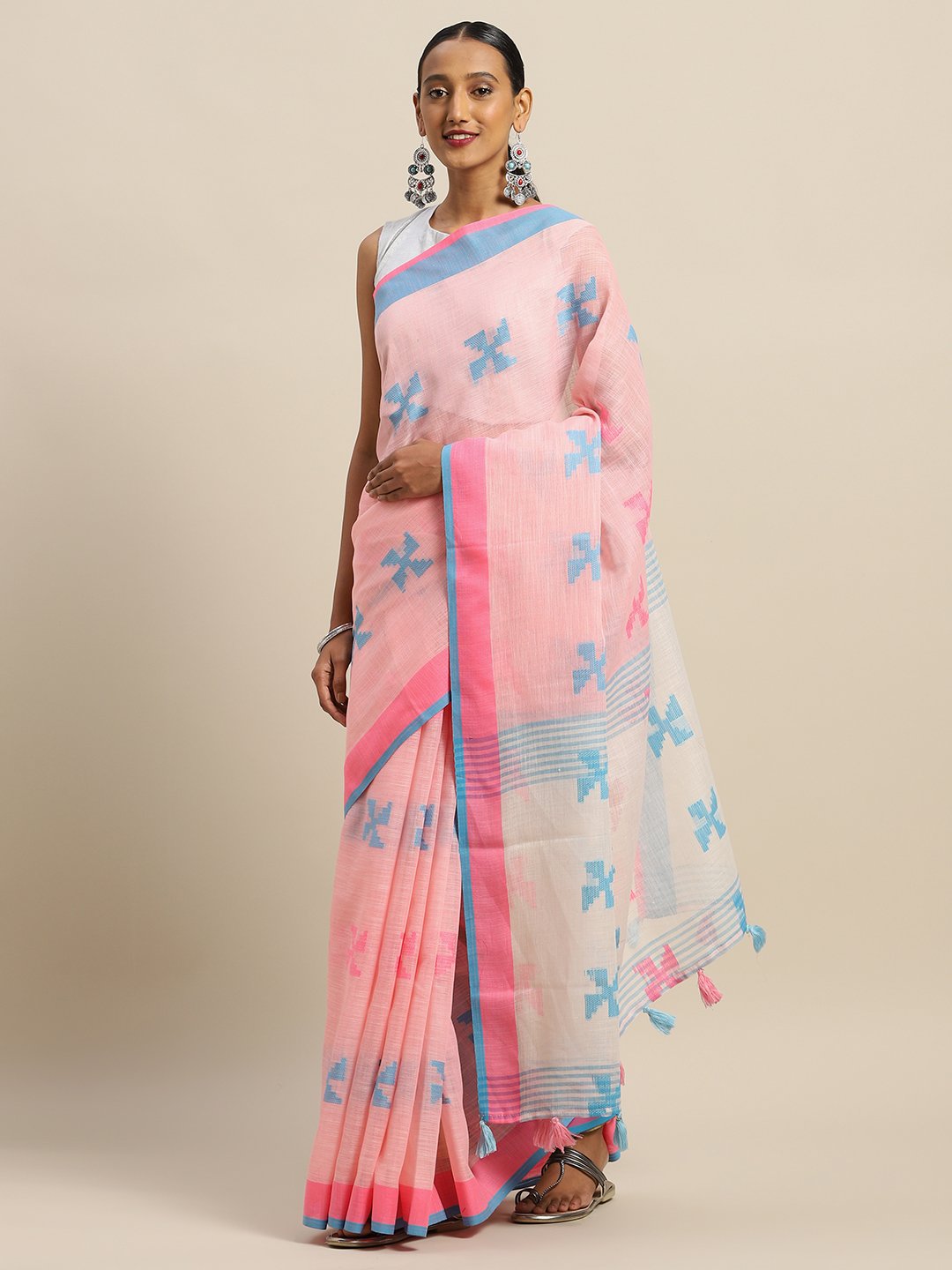 Women's Prints Linen Cotton Thread Work Traditional Saree - Sangam Prints