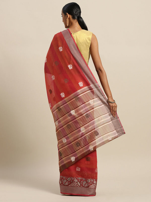 Women's Red Cotton Handloom Zari Work Traditional Saree - Sangam Prints