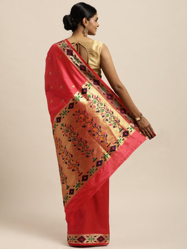 Women's Peach Silk Woven Work Traditional Saree - Sangam Prints