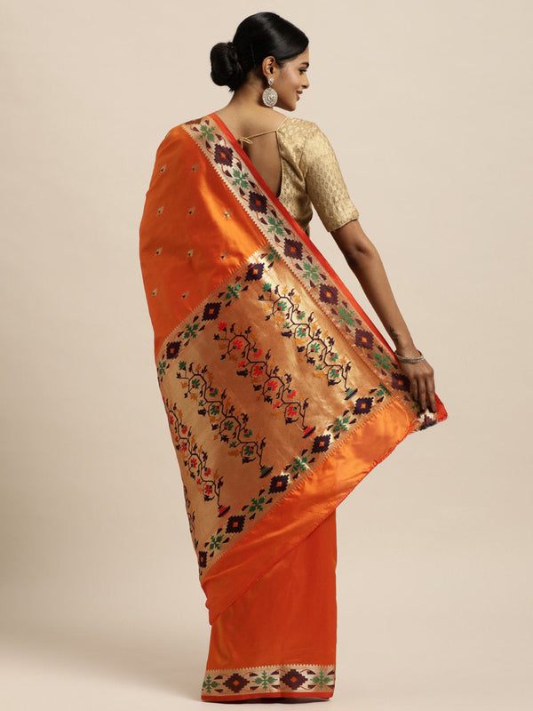 Women's Orange Silk Woven Work Traditional Saree - Sangam Prints