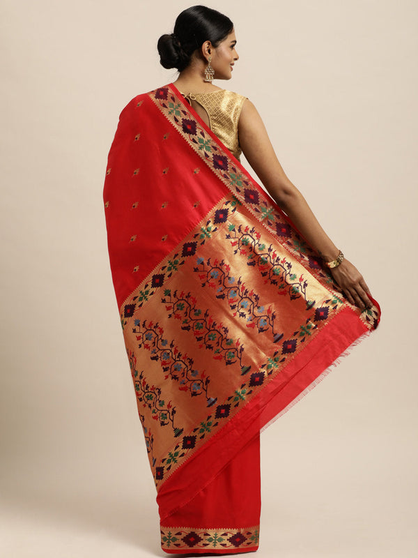 Women's Red Silk Woven Work Traditional Saree - Sangam Prints