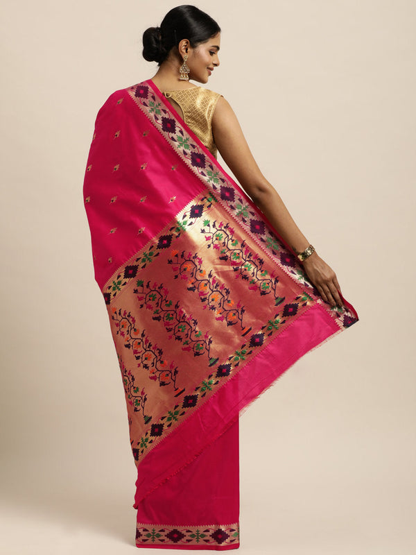 Women's Pink Silk Woven Work Traditional Saree - Sangam Prints