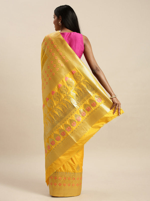 Women's Dark Yellow Jacquard Silk Jacquard Work Traditional Saree - Sangam Prints