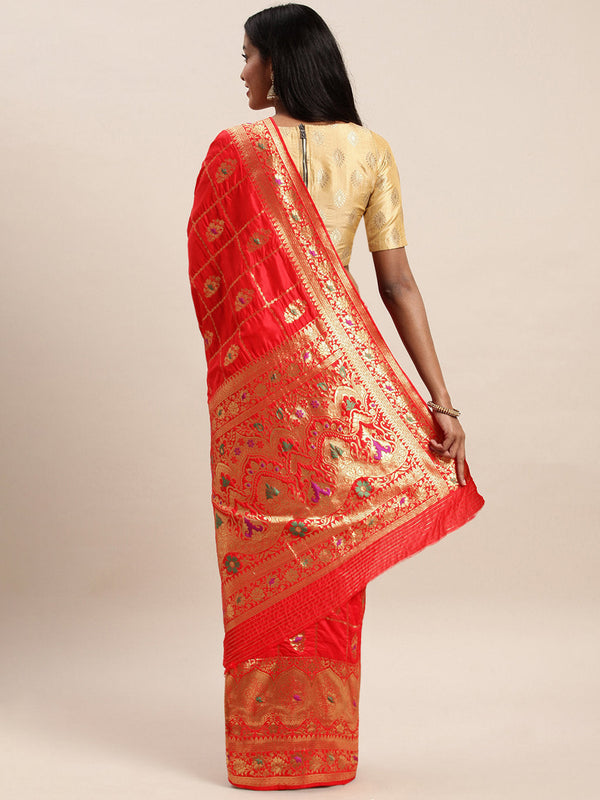 Women's Red Jacquard Silk Jacquard Work Traditional Saree - Sangam Prints