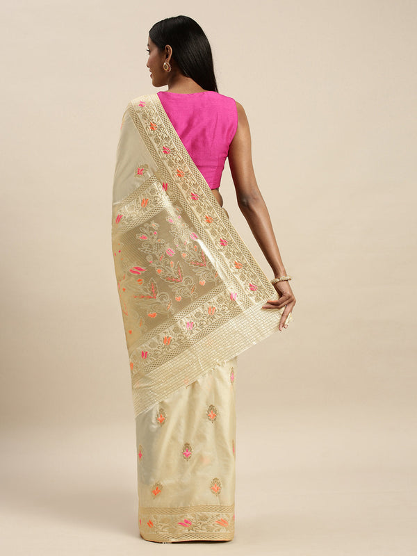 Women's Cream Jacquard Silk Jacquard Work Traditional Saree - Sangam Prints