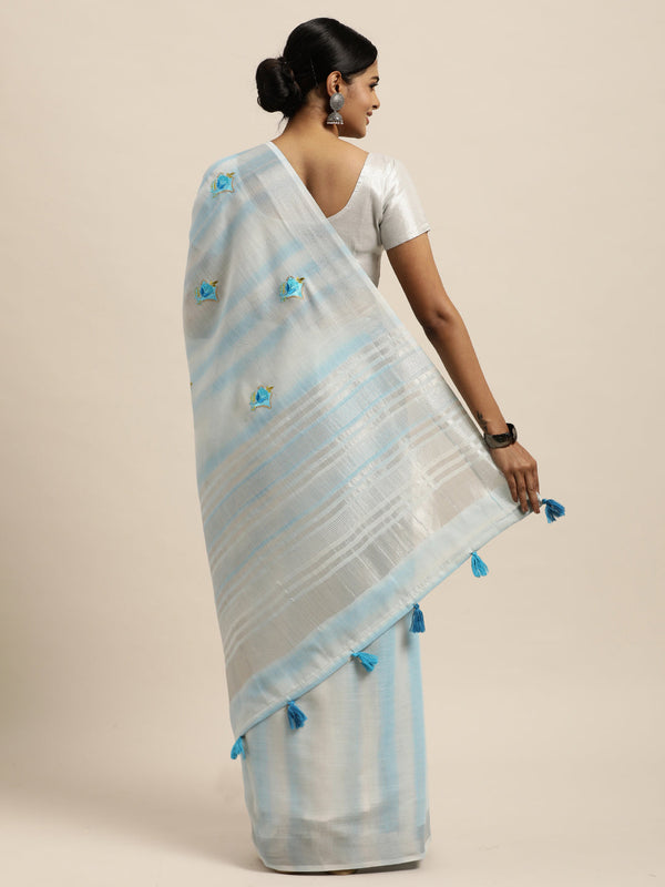 Women's Sky Blue Linen Woven Work Traditional Tassle Saree - Sangam Prints