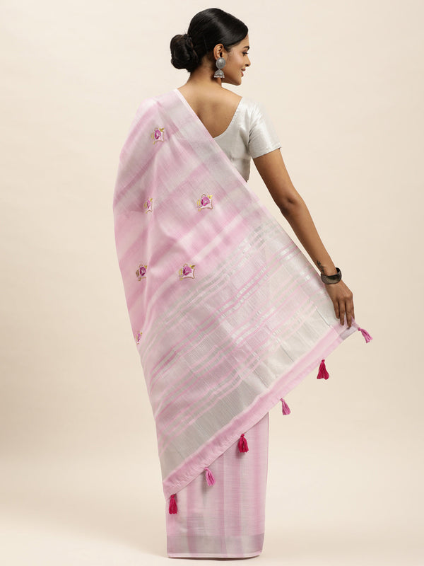 Women's Pink Linen Woven Work Traditional Tassle Saree - Sangam Prints