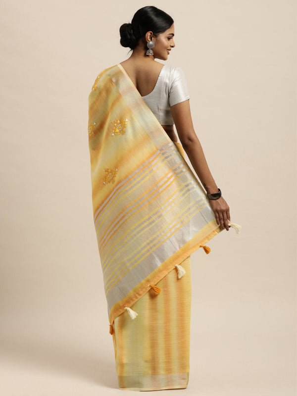 Women's Yellow Linen Woven Work Traditional Tassle Saree - Sangam Prints