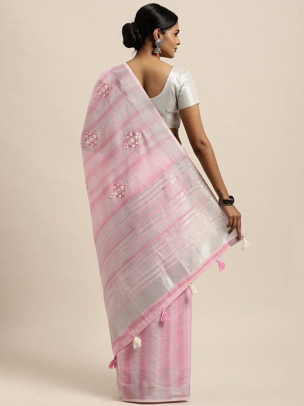 Women's Pink Linen Woven Work Traditional Tassle Saree - Sangam Prints